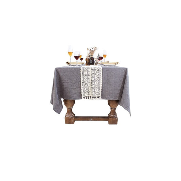 Beige Crochet Lace Table Runner With Tassel Cotton Tablecloth