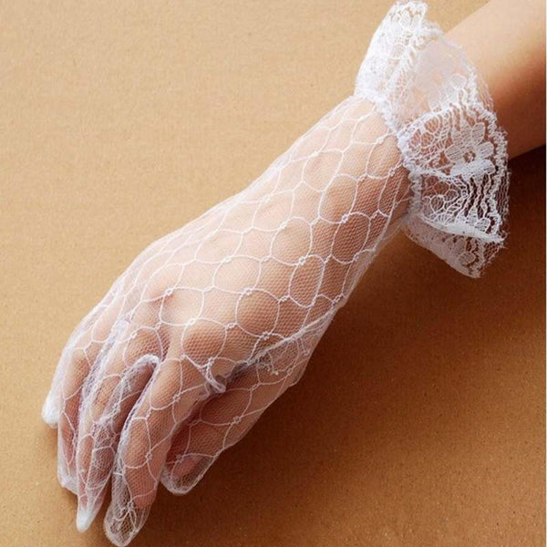 Women Short Tulle Gloves Stretchy Lace Nylon Lotus Leaf Sheers