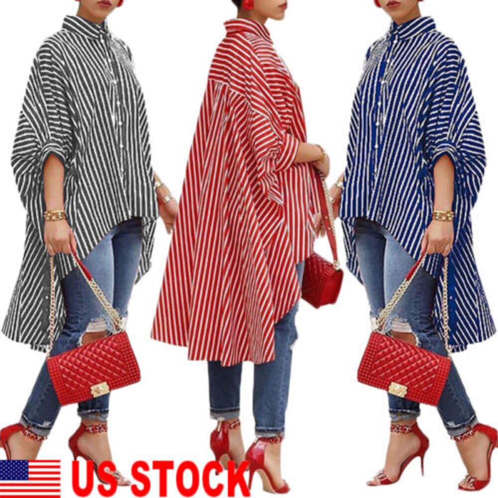 Women Loose Long Sleeve Striped Casual Shirt Dress