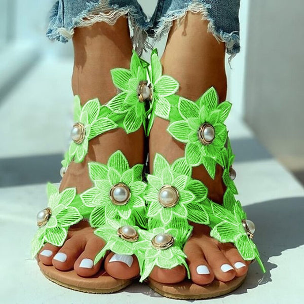 Women Summer Footwear Fashion Casual Floral Pearl Flat Sandals