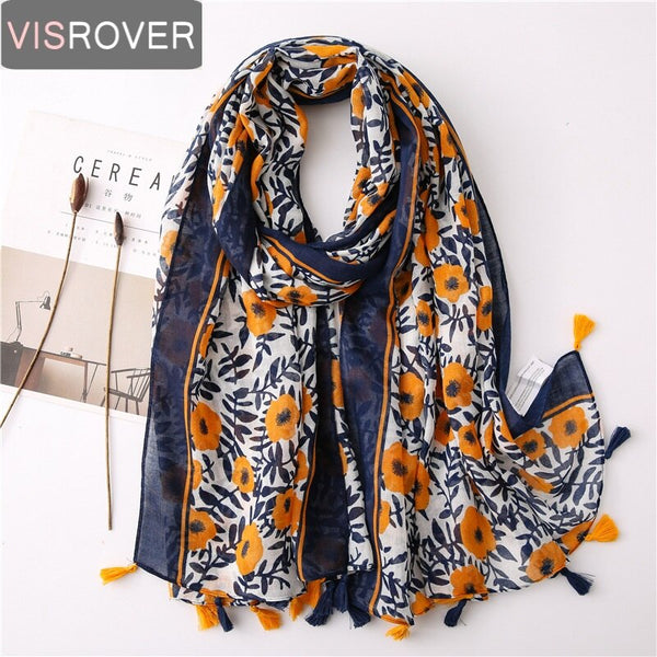 Visrover New Summer Bright Floral Scarfs For Women Geometric Print Scarf Tassel Beach Top Dress Viscose Green Scarf Shawl Women