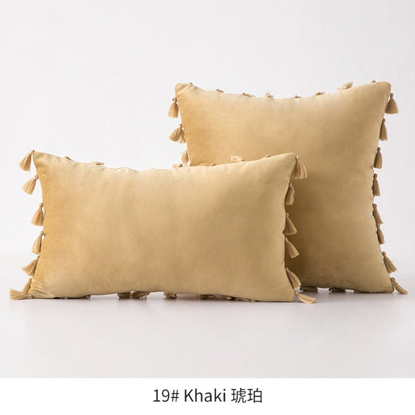 Amazon Tassel Velvet Sofa Pillow Cover Solid Color Plush Bedside Rectangular Cushion Cover