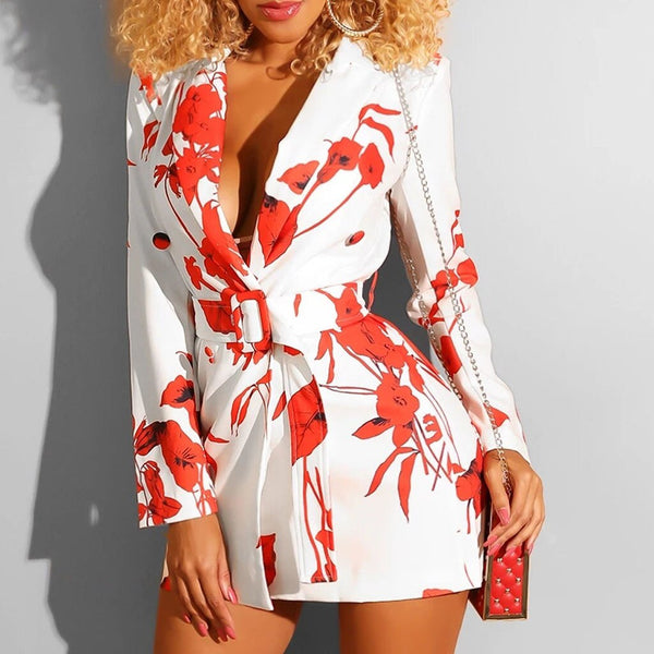 Women Fashion V-neck Print Button Sleeve Long Sleeve Belt Mini Suit Dress