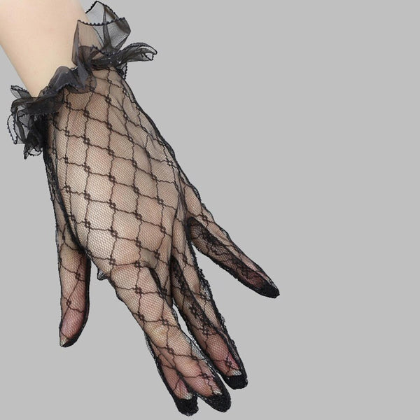 Women Short Tulle Gloves Stretchy Lace Nylon Lotus Leaf Sheers