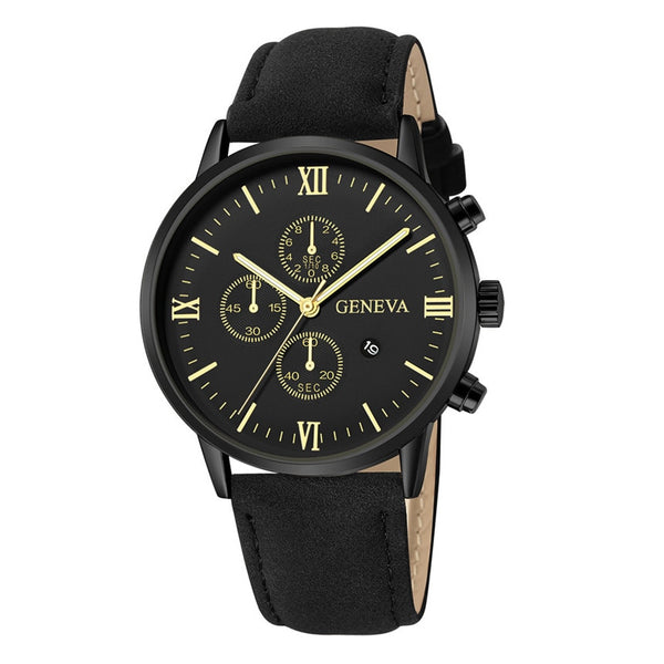 Men Fashion Stainless Steel Case Leather Strap Watch