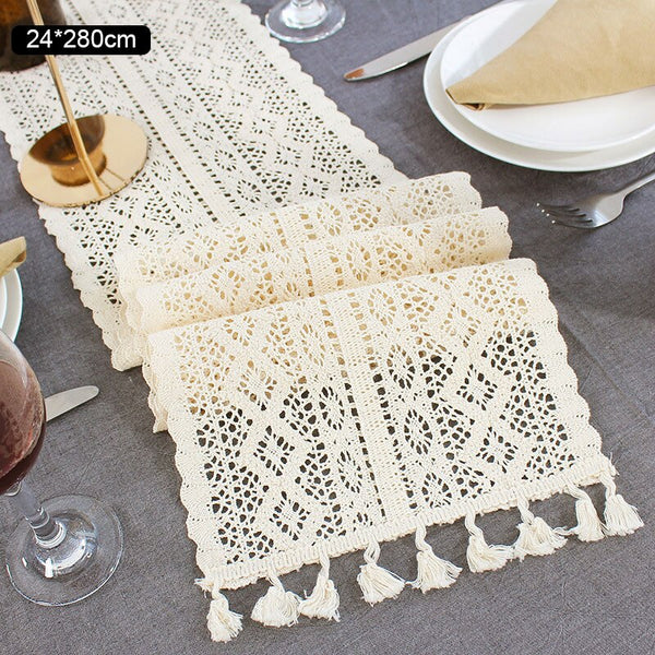 Beige Crochet Lace Table Runner With Tassel Cotton Tablecloth
