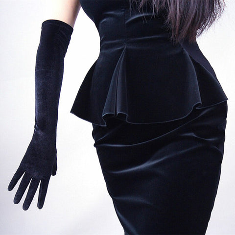 Women Gold Velvet Long Dinner Dress Black Gloves