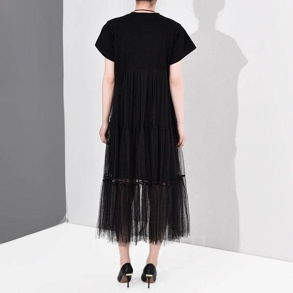 Women Black Mesh Asymmetrical Temperament Dress