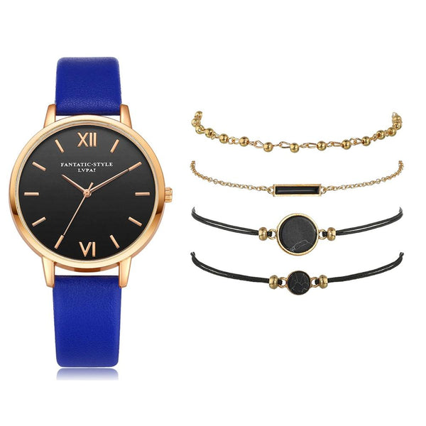 5pcs Women Set Top Style Fashion Luxury Leather Band Analog Quartz Wrist Watch