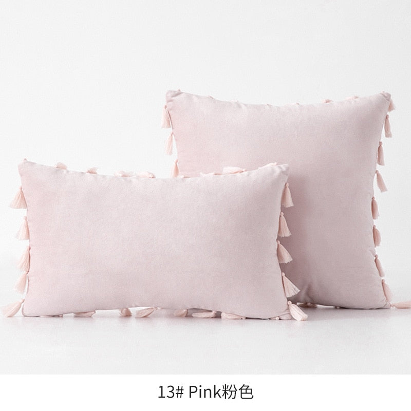 Amazon Tassel Velvet Sofa Pillow Cover Solid Color Plush Bedside Rectangular Cushion Cover