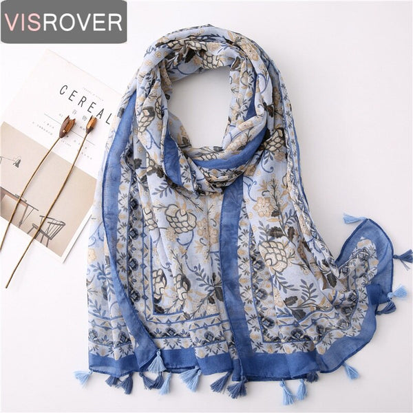 Visrover New Summer Bright Floral Scarfs For Women Geometric Print Scarf Tassel Beach Top Dress Viscose Green Scarf Shawl Women