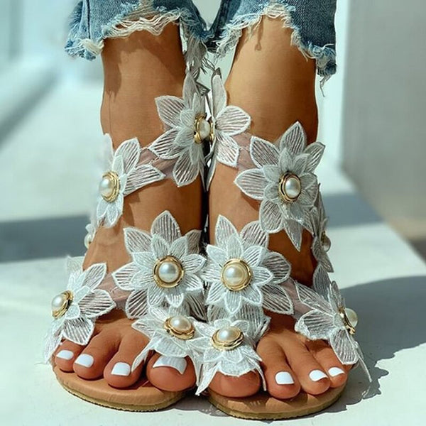 Women Summer Footwear Fashion Casual Floral Pearl Flat Sandals
