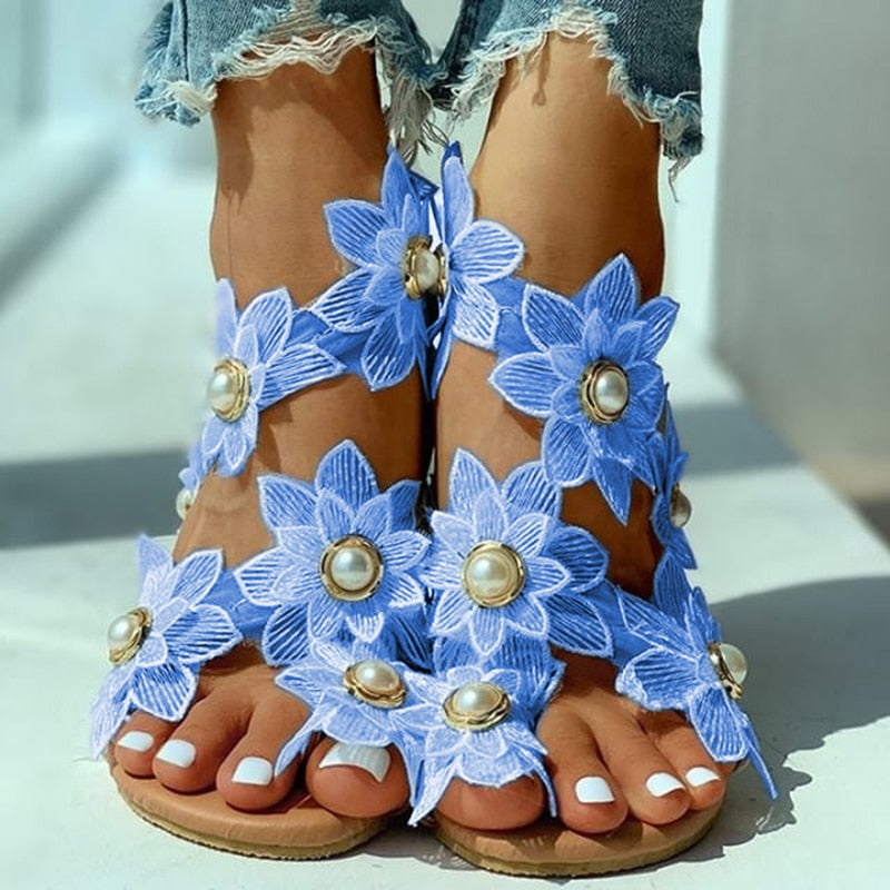 Women Bohemian Sandals Footwear Fashion Casual Floral Pearl Flat