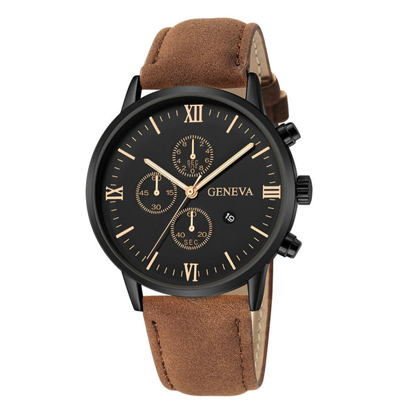Men Fashion Stainless Steel Case Leather Strap Watch