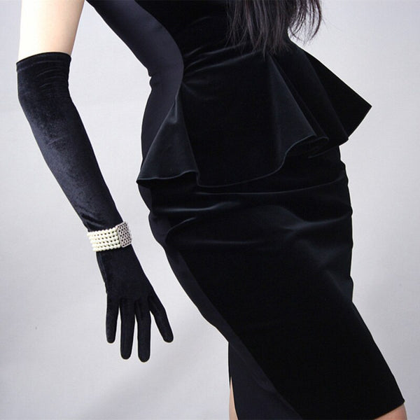 Women Gold Velvet Long Dinner Dress Black Gloves