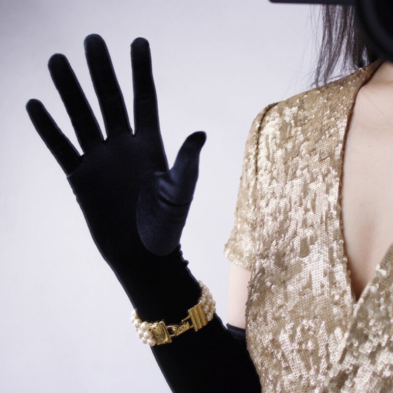 Women Gold Velvet Long Dinner Dress Black Gloves