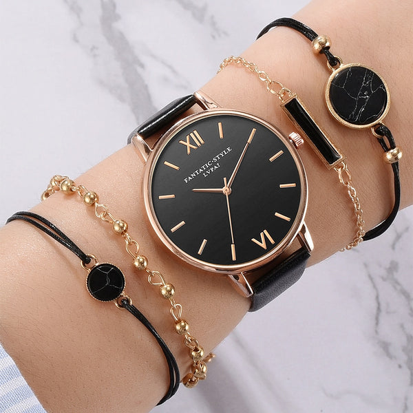 5pcs Women Set Top Style Fashion Luxury Leather Band Analog Quartz Wrist Watch