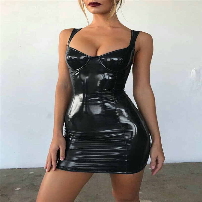 Women Latex Faux Leather Bodycon Mini Sleeveless Strap Sexy Club Dress