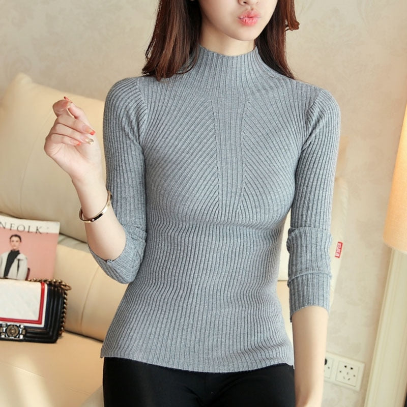 Solid Long Sleeve Turtleneck Pullover Women Sweater