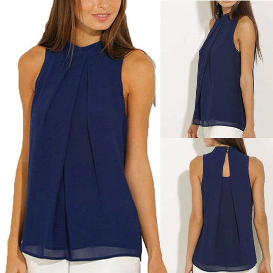 Hot solid v-neck Navy Blue Women Vest Chiffon Top