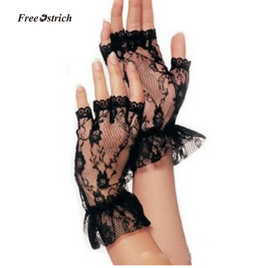 Soft Women Short Black Lace Fingerless Gloves