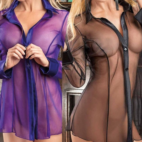Women Button Lingerie Dress Transparent Clubwear Stripper Long Sleeve Blouse New