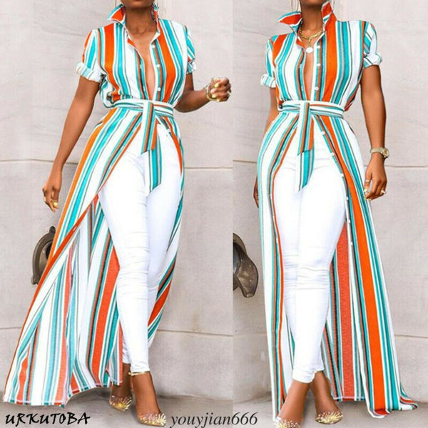 Stylish Women Vacation Striped Maxi V-neck Long Shirt Dress