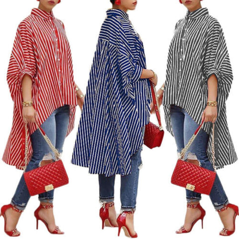 Women Loose Long Sleeve Striped Casual Shirt Dress