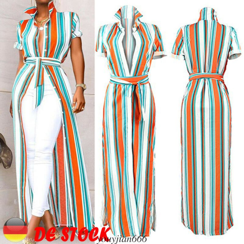 Stylish Women Vacation Striped Maxi V-neck Long Shirt Dress