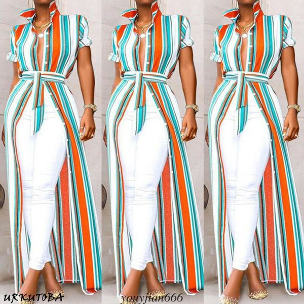 Stylish Women Vacation Striped Maxi V-neck Long Shirt Dress