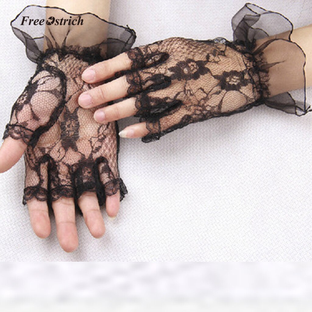Soft Women Short Black Lace Fingerless Gloves