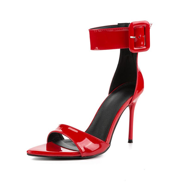Red patent leather high heel women open toe ankle buckle strap sandals ...
