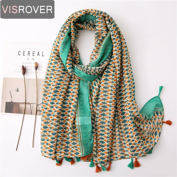 Visrover New Summer Bright Floral Scarfs For Women Geometric Print Scarf Tassel Beach Top Dress Viscose Green Scarf Shawl Women