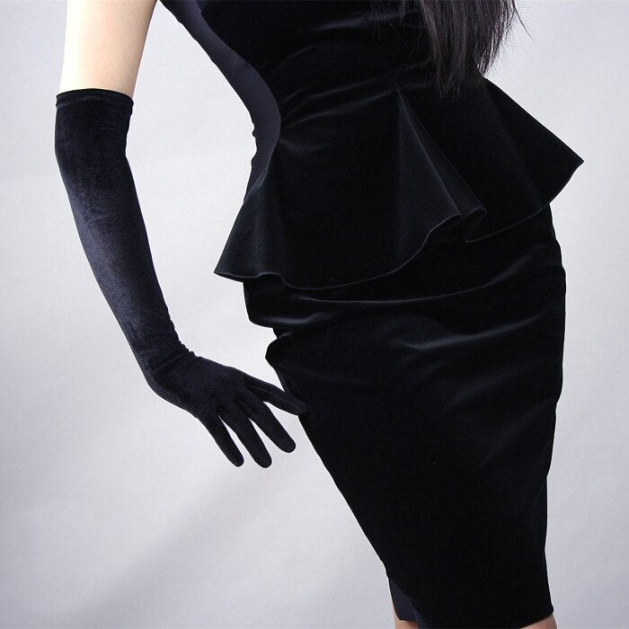 Women Gold Velvet Long Dinner Dress Black Gloves