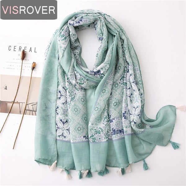 Visrover New Summer Bright Floral Scarfs For Women Geometric Print Scarf Tassel Beach Top Dress Viscose Green Scarf Shawl Women