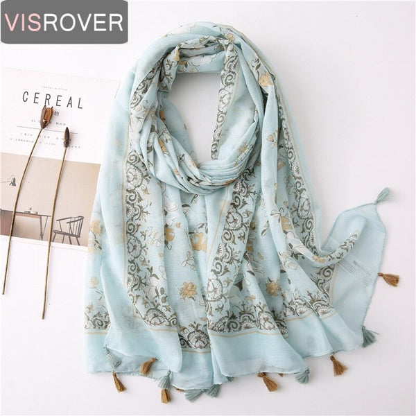 Visrover New Summer Bright Floral Scarfs For Women Geometric Print Scarf Tassel Beach Top Dress Viscose Green Scarf Shawl Women