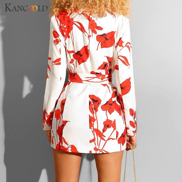 Women Fashion V-neck Print Button Sleeve Long Sleeve Belt Mini Suit Dress