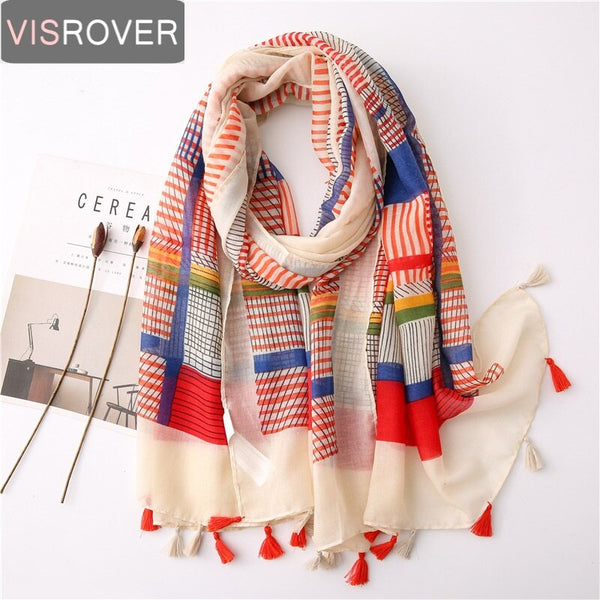 Visrover New Summer Bright Floral Scarfs For Women Geometric Print Scarf Tassel Beach Top Dress Viscose Green Scarf Shawl Women