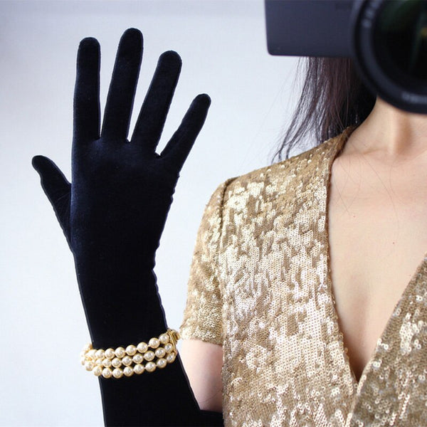 Women Gold Velvet Long Dinner Dress Black Gloves
