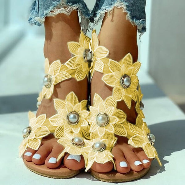 Women Bohemian Sandals Footwear Fashion Casual Floral Pearl Flat