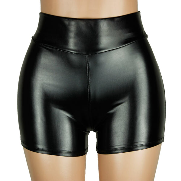 Women High Waist Faux Leather Sexy Slim Solid Black Short Pants