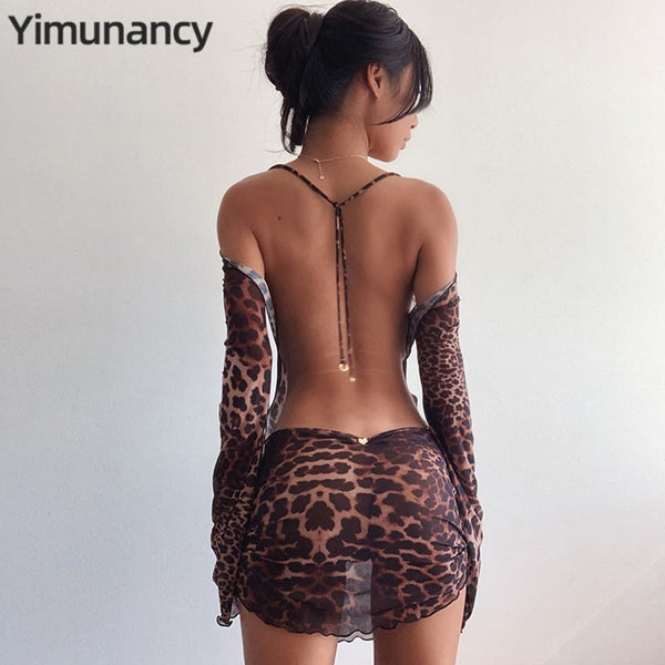 Leopard Print Backless Women Long Sleeve Mesh Dress