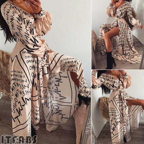 Women Vintage Long Sleeve Deep-V-Neck Thigh Slit Maxi Dress