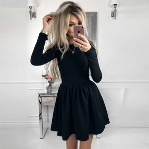 Fashion Casual Red Black Women Solid Long Sleeve Sexy Slim A-line Dress