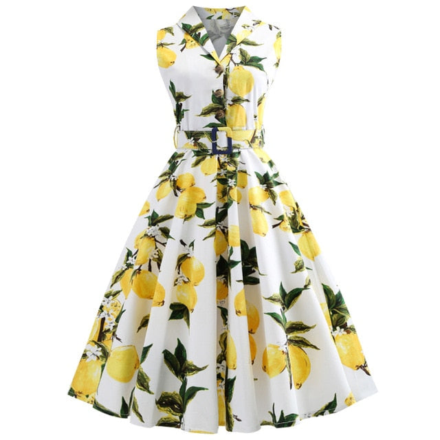 Lemon Print Vintage Women Dress