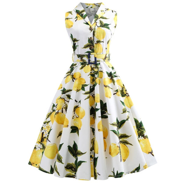 Lemon Print Vintage Women Dress