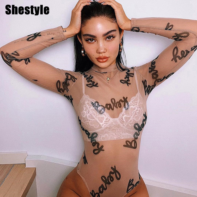 Shestyle Baby Printed Bodysuits Women Mesh See Though Sexy Mock Neck Long Sleeve Transparent Slim Fashion Body Suit Dropshipping