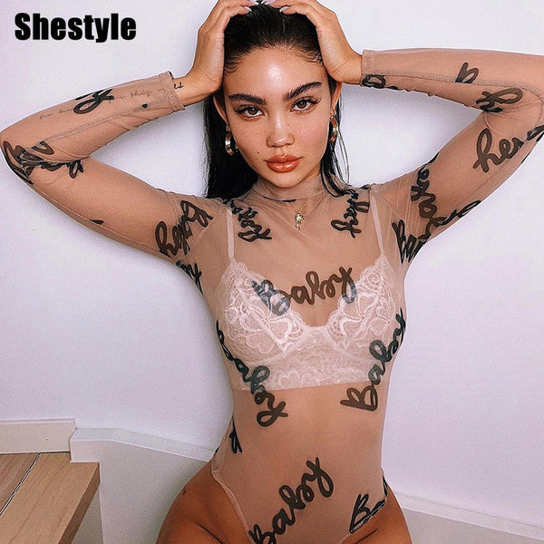 Shestyle Baby Printed Bodysuits Women Mesh See Though Sexy Mock Neck Long Sleeve Transparent Slim Fashion Body Suit Dropshipping