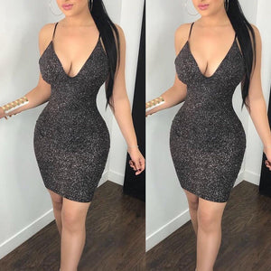Spaghetti Bodycon Mini V-Neck Sequined Shinny Dress Evening Party Club Slim Hollow Out Back Dress
