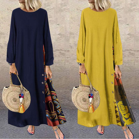Women Patchwork Maxi Dress Casual Long Sleeve Floral O Neck Robe